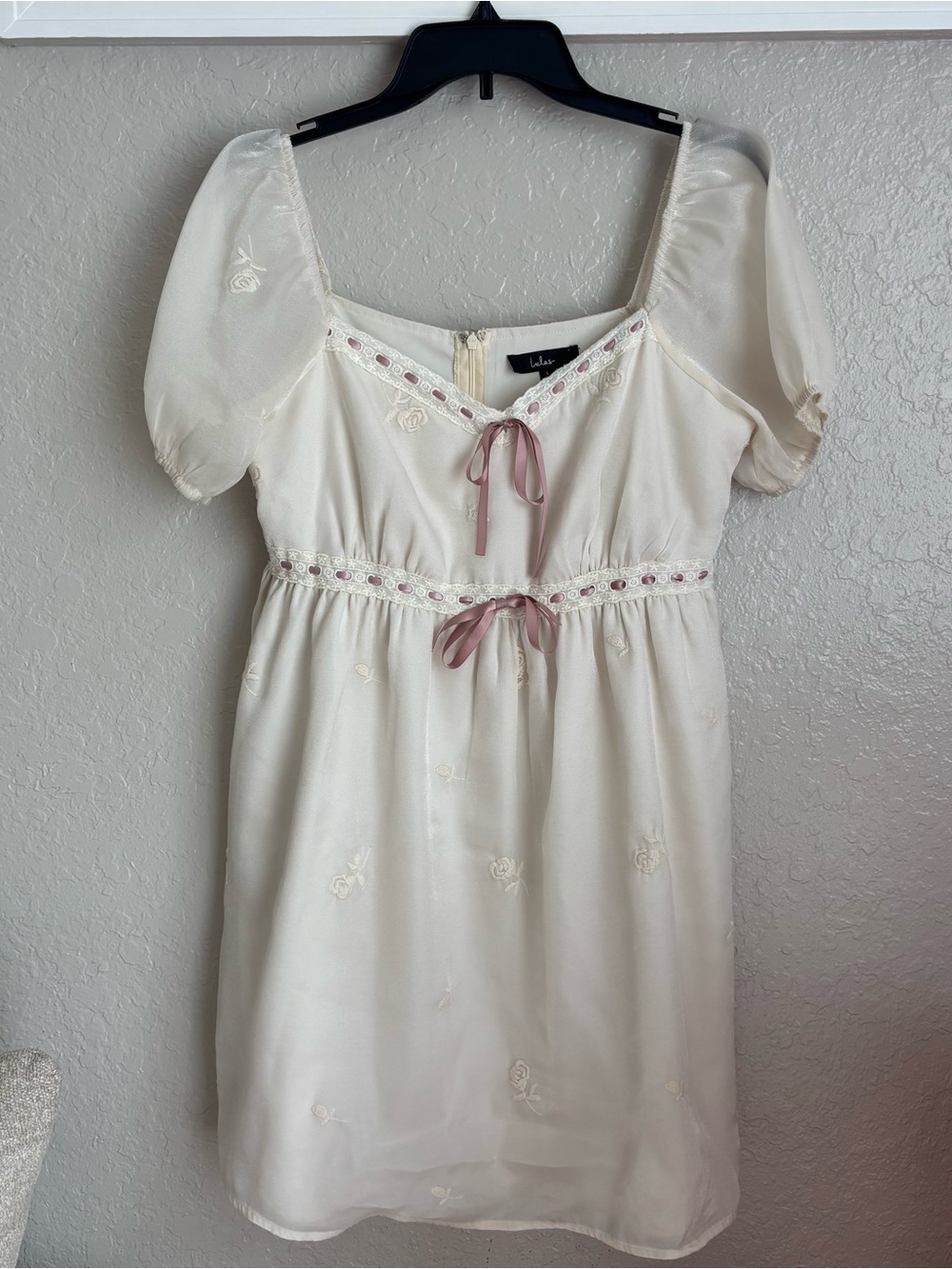 Lulu's Ivory Lace-Trim dress with Dusty Rose Ribbon